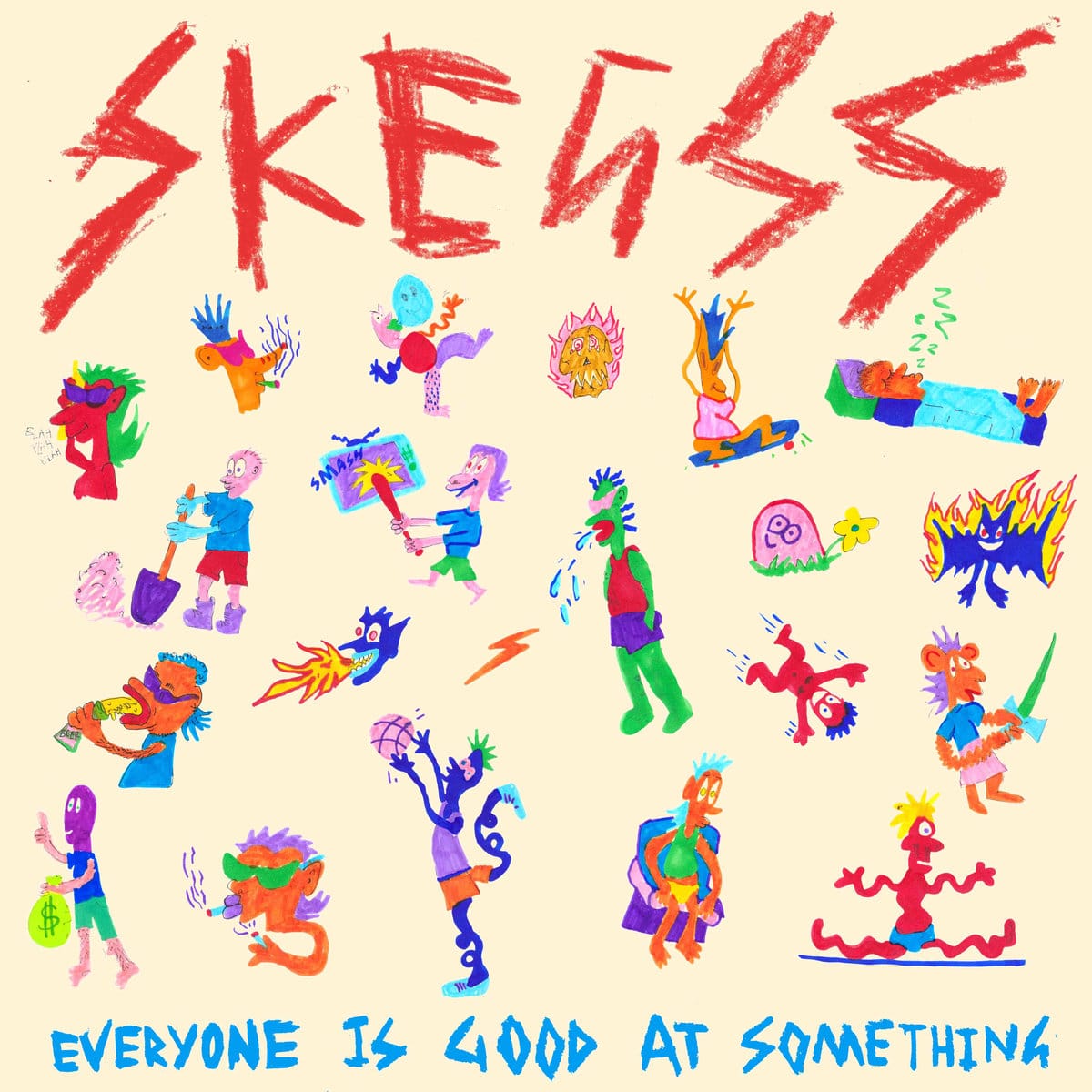An animated album cover of band Skeggs, Everyone is Good at Something