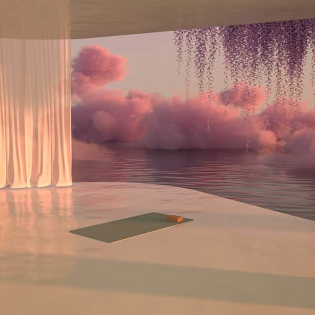 A 3d rendered image of an imaginary living room of a mansion looking out to a pink sky and water view