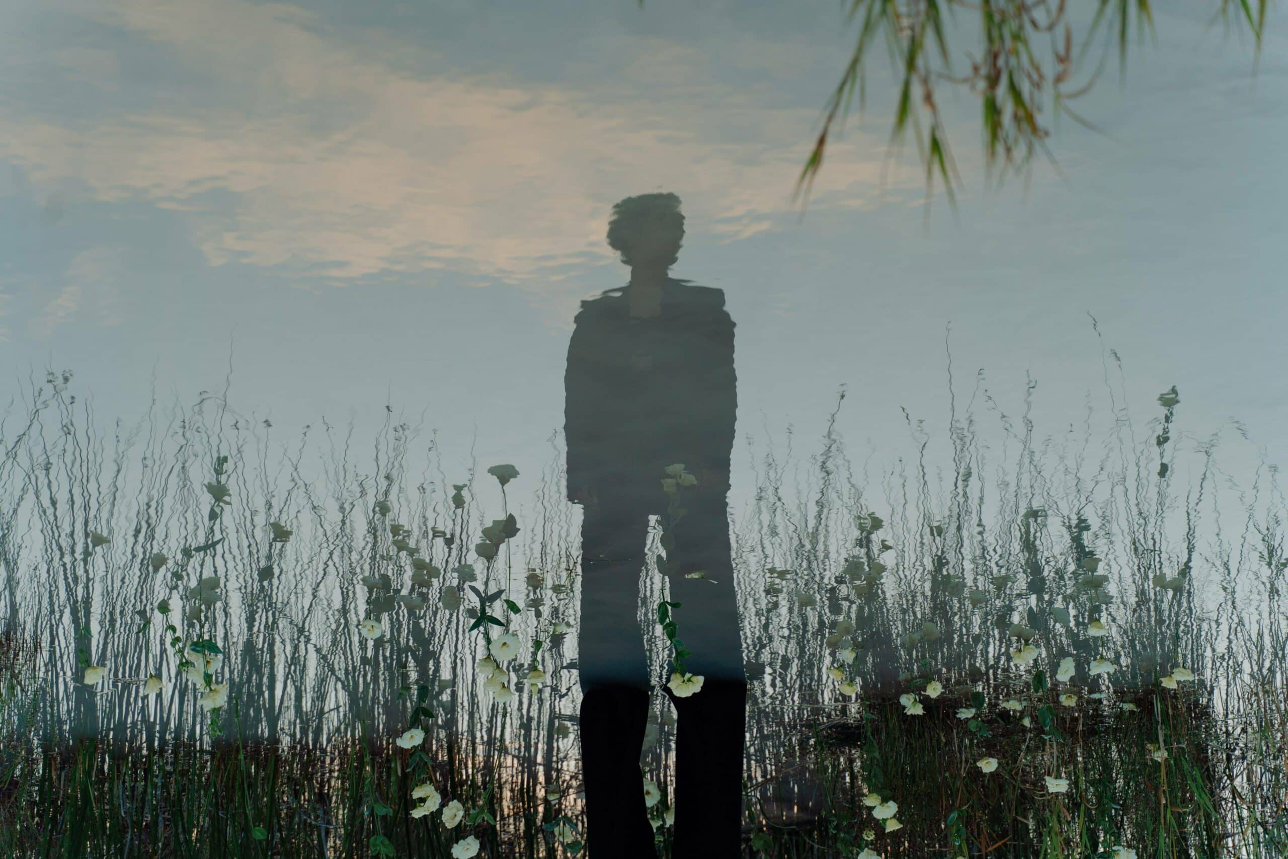 A figure stands, reflected in water surrounded by flowers