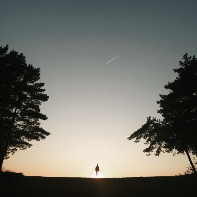 A figure stands on a horizon between two trees