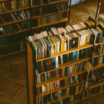 An angled downwards shot of library book cases filled with an assortment of books. Light is cast across the shelves in small amounts. The furnishings of the shelves and floorboards are wood.