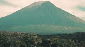 A mountain surrounded by clouds